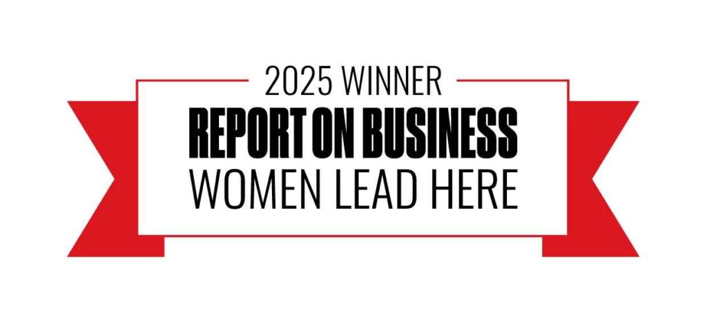 A banner with the text "2025 Winner Report on Business Women Lead Here" in bold black and red on a white background.