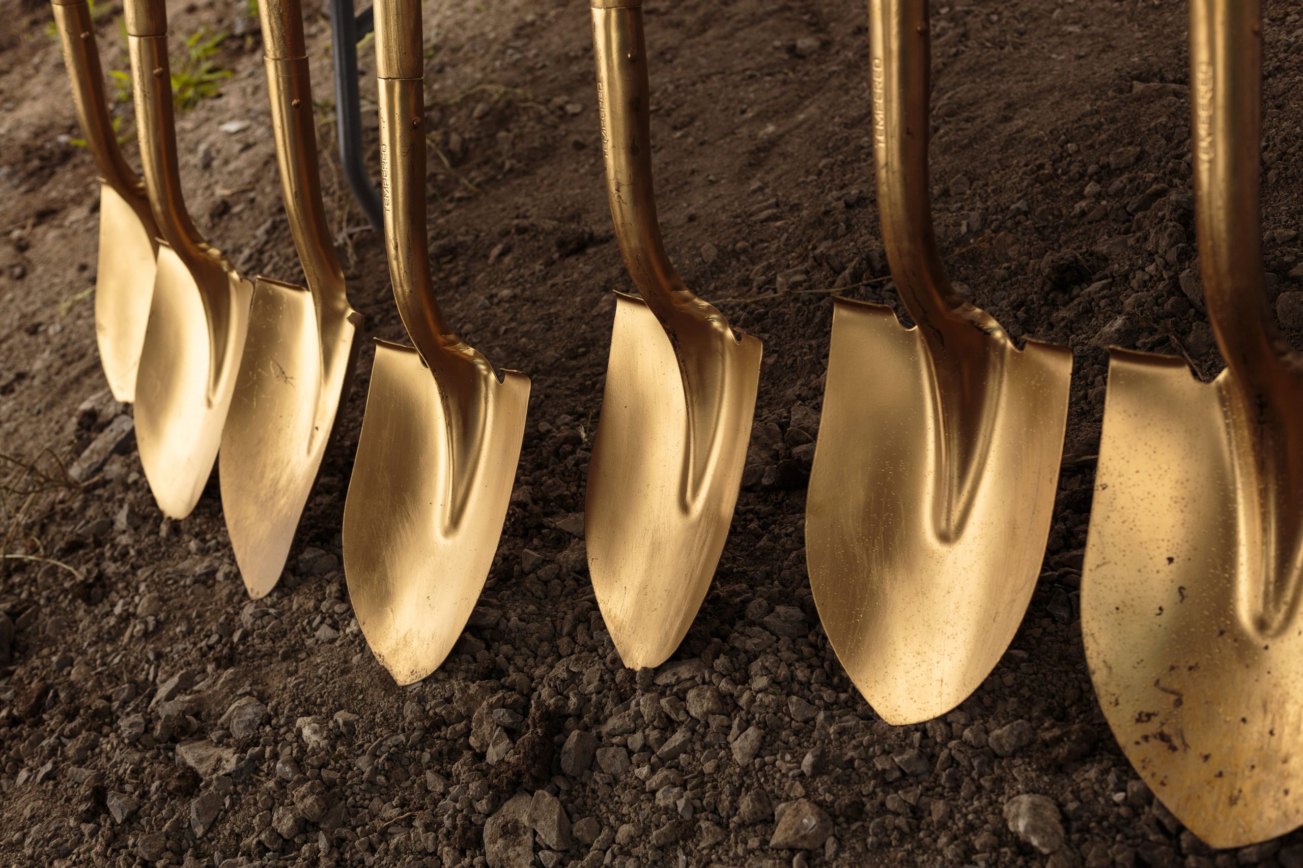 A row of gold-colored shovels is lined up in dirt, their blades resting on the ground, suggesting a groundbreaking ceremony.