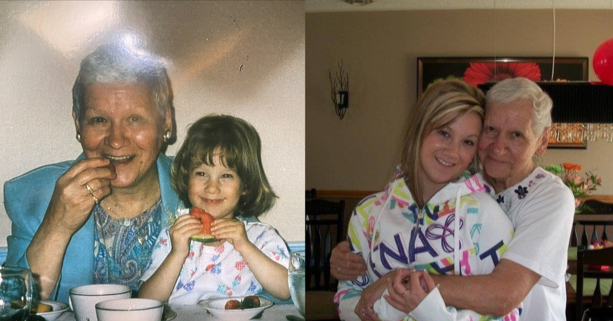 A side-by-side comparison shows an older woman and a young girl eating together in one photo, and the same pair hugging as adults in the other.