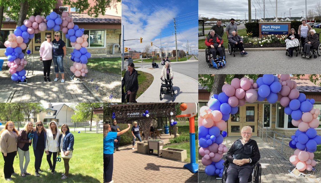 A collage of people, some in wheelchairs, participating in outdoor activities and group photos near a building with purple and pink balloon decorations.