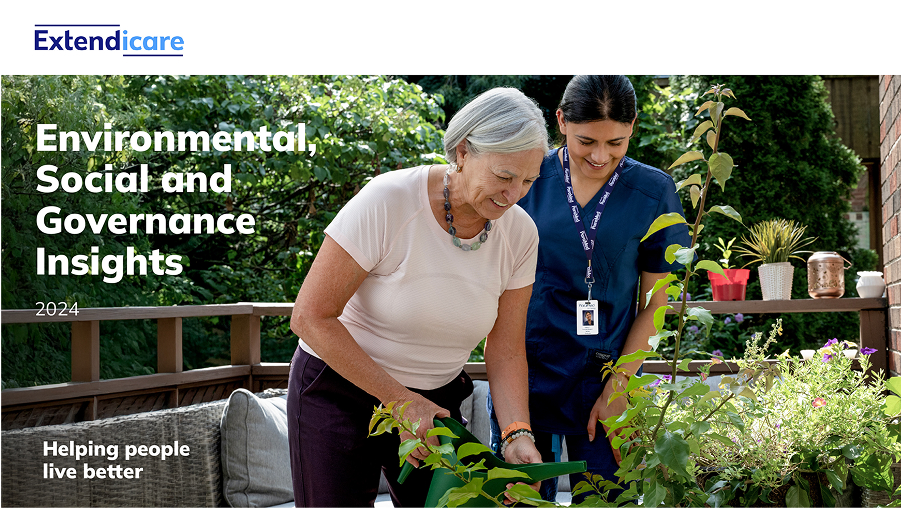 Two women, one older and one younger in scrubs, tend to plants outside on a sunny patio. The text reads "Environmental, Social and Governance Insights 2024. Helping people live better.