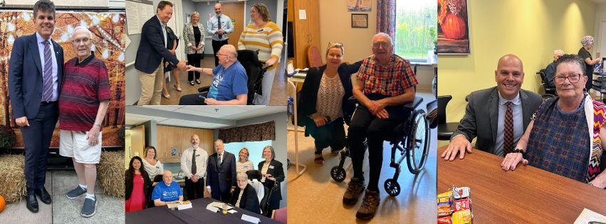 A collage of people in business attire visiting elderly individuals, some in wheelchairs, indoors and outdoors, posing and interacting in various settings.