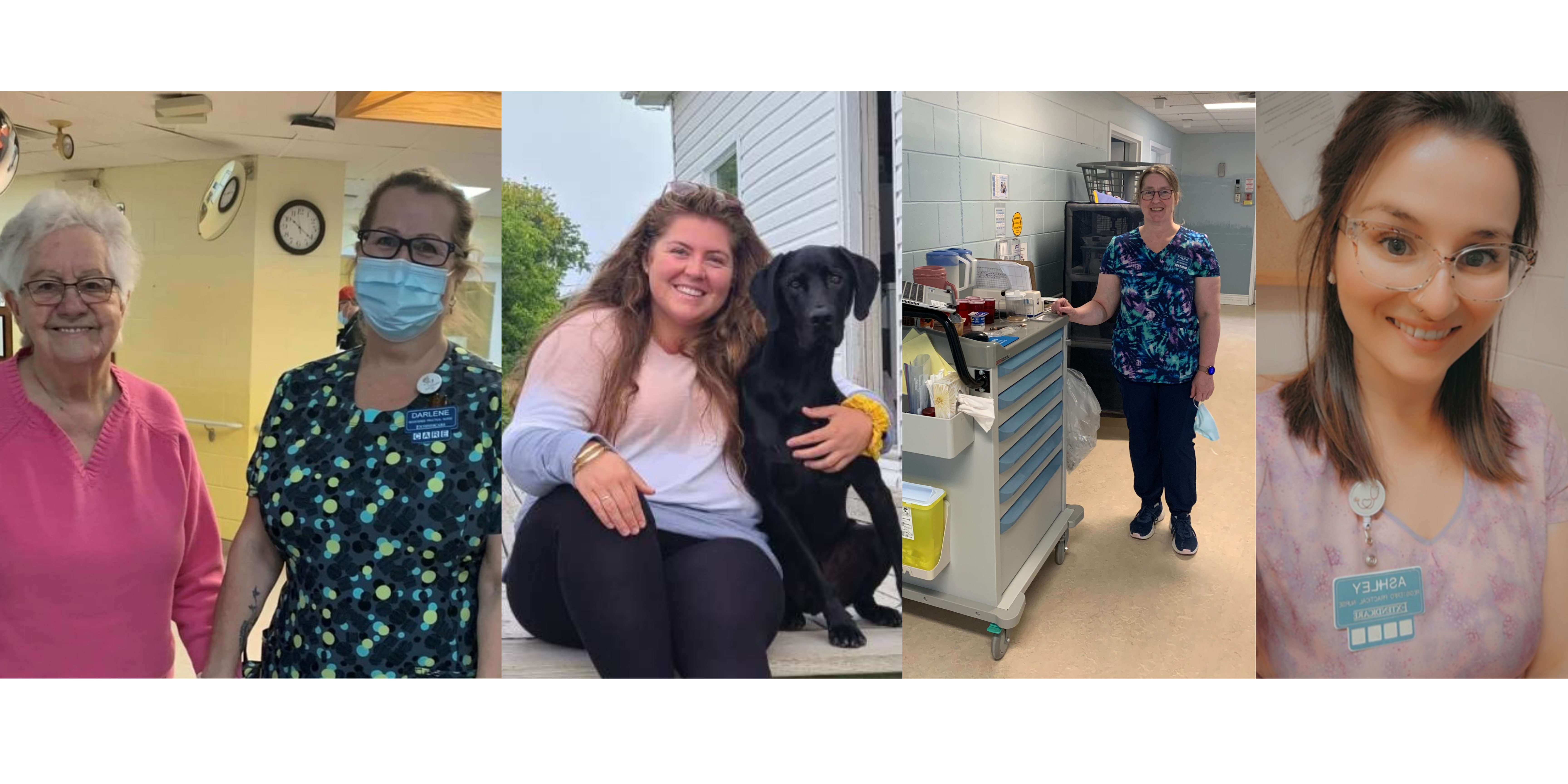 Four women in healthcare settings; two standing in a hallway, one sitting outside with a black dog, and one in scrubs by a medical cart, all wearing name badges.
