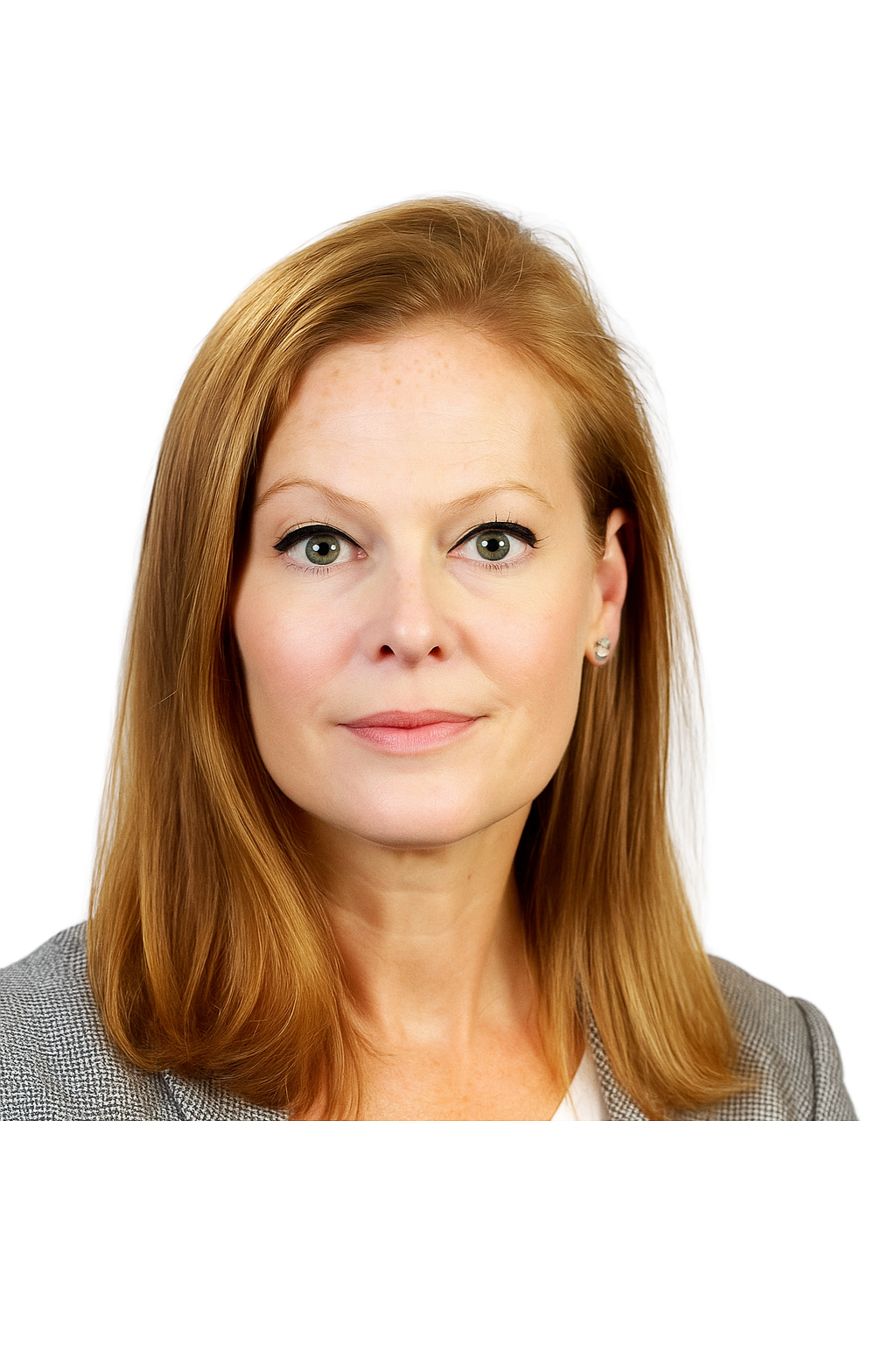 Woman with straight red hair wearing a gray blazer and white top, posing against a plain white background.