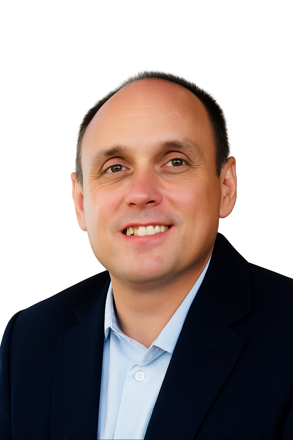 A middle-aged man in a navy blazer and light blue shirt smiles at the camera against a white background.
