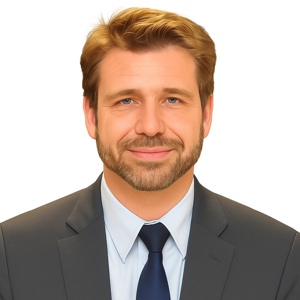 A man with light brown hair and a beard in a suit and tie, smiling, against a plain white background.