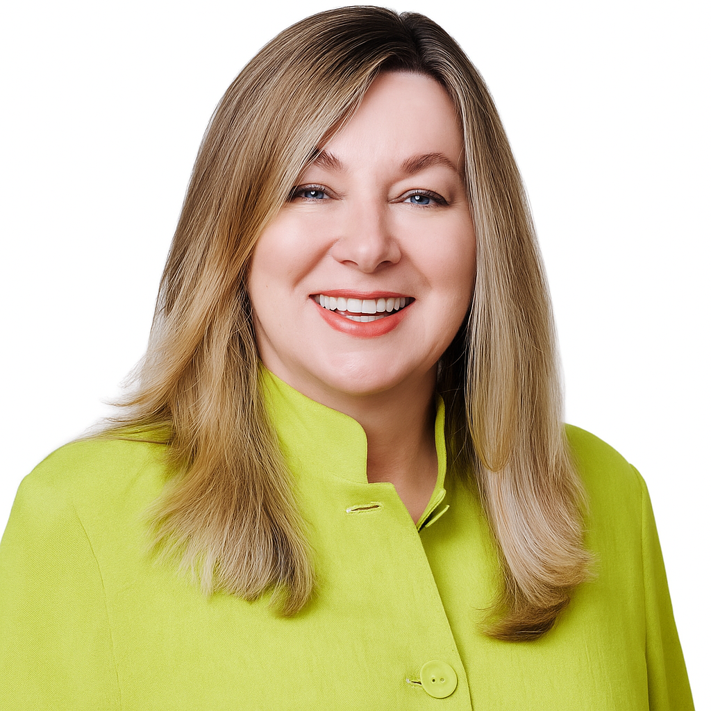 A woman with straight, blonde hair wearing a bright green jacket smiles against a white background.
