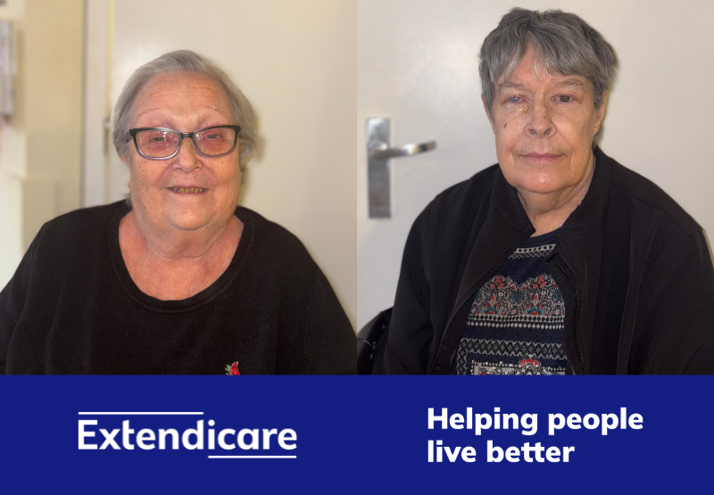 Two elderly women are pictured indoors, sitting and facing the camera. The image includes the Extendicare logo and the text "Helping people live better.